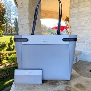 Kate Spade Cameron leather Colorblock Laptop Tote&wallet grey white